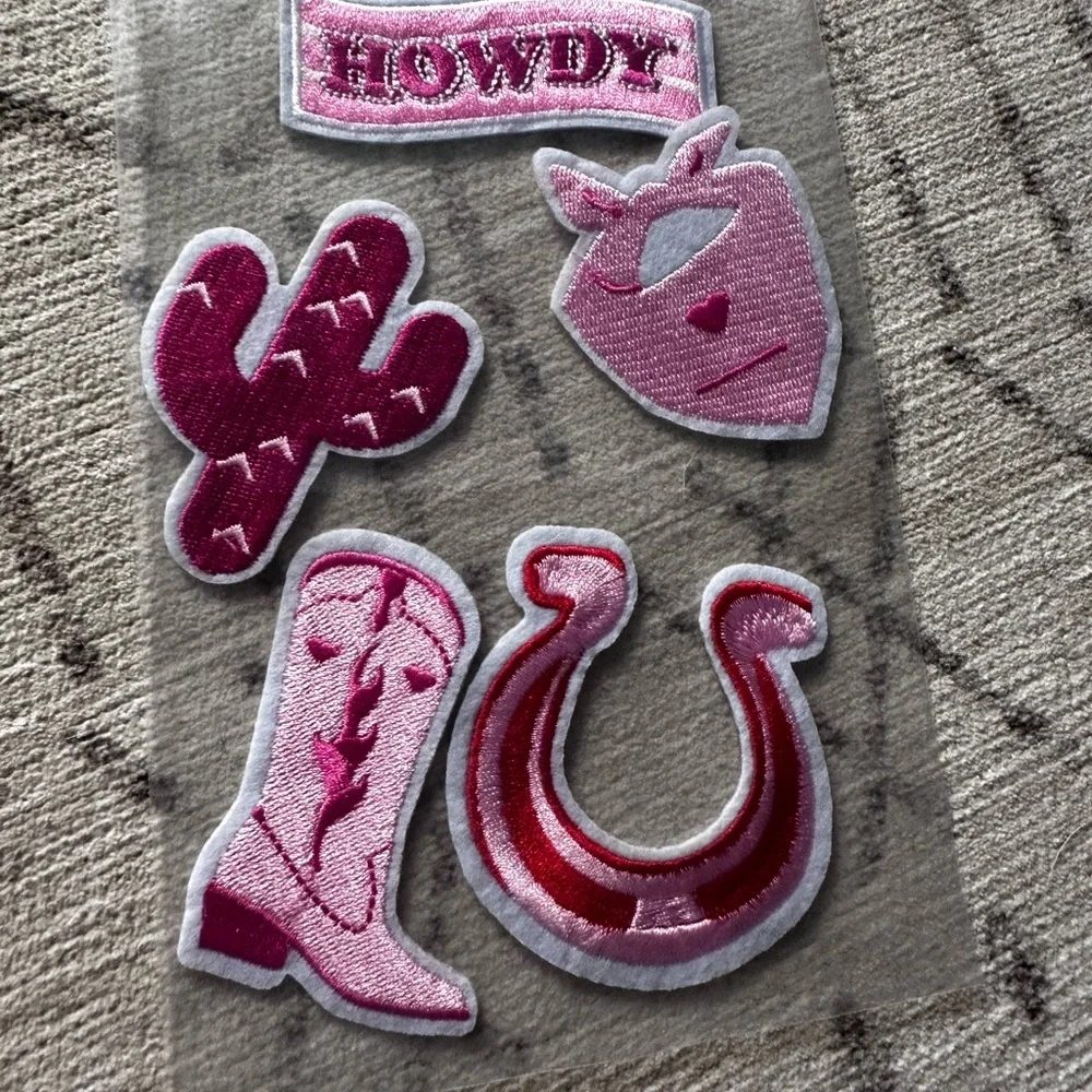 iron on patches‎ pink western set of 5